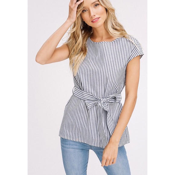 Tops - Grey/Wht Striped Short Slv Top W Tie Waist